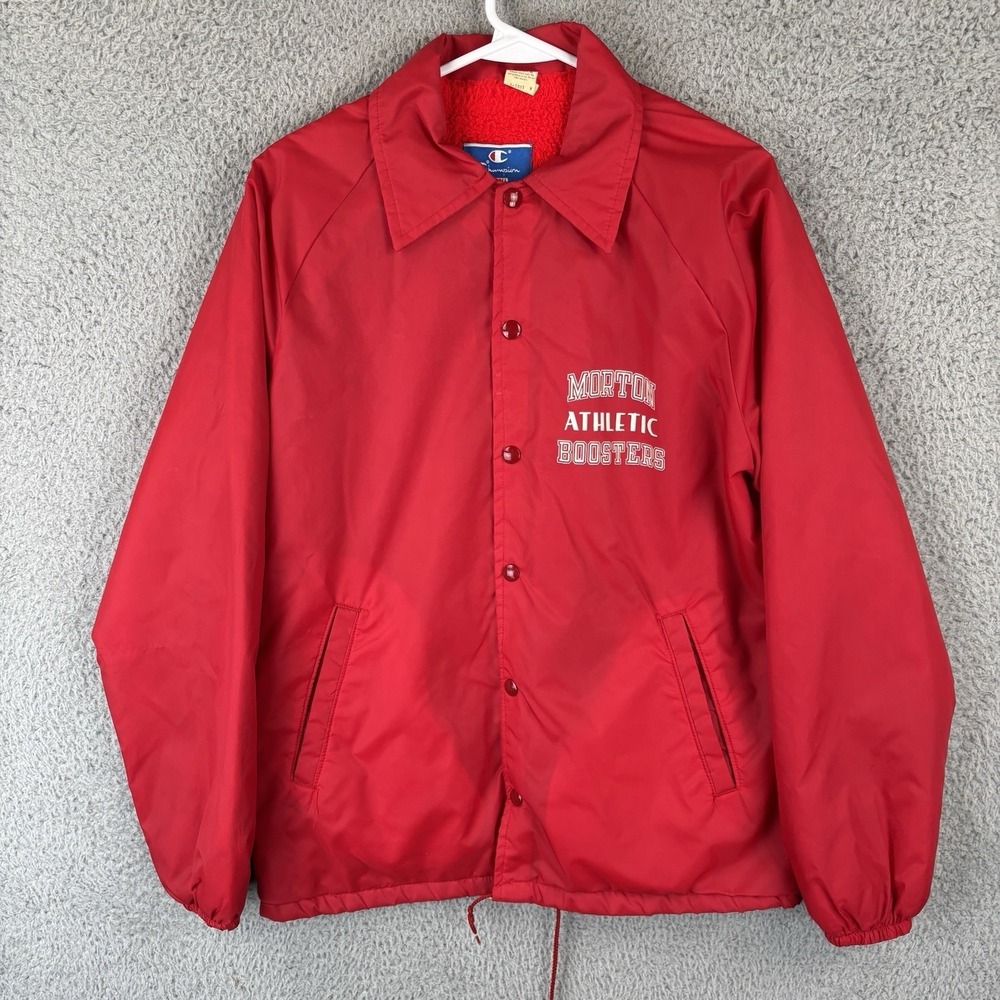 Vintage 1980s Champion Coaches Jacket Mens Small Red Sherpa Lined Snap Made USA - Picture 1 of 10